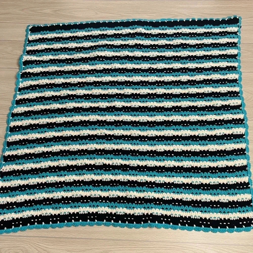Hand Crochet Teal White Black Acrylic Baby Blanket 38”W x 40”L